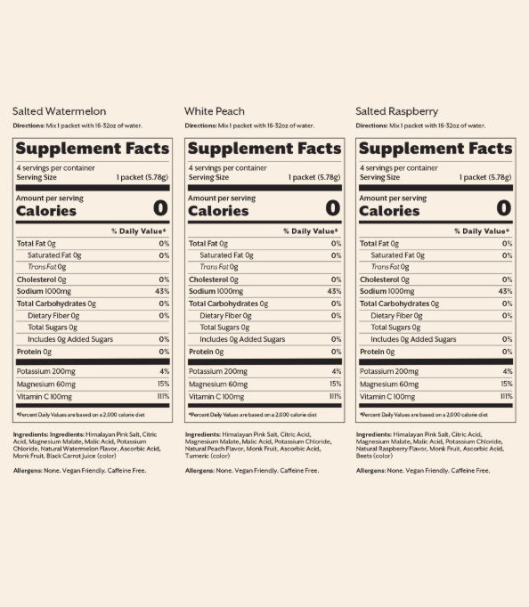Electrolyte Drink Mix Variety Pack - White Peach, Salted Watermelon, Salted Raspberry